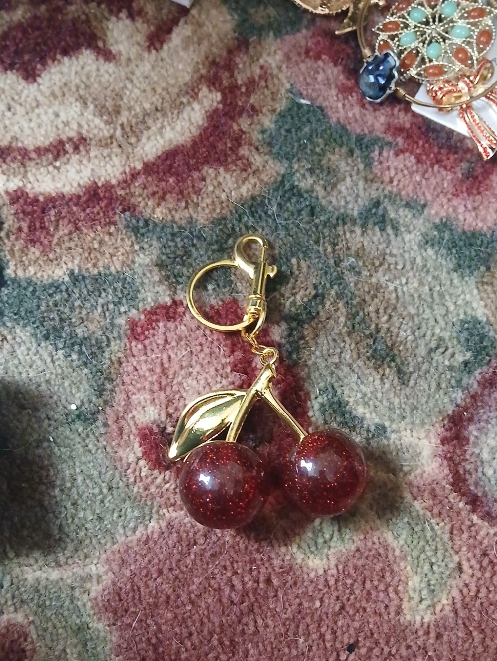 Gold Cherry Pendant Keychain - Red Glitter Cherries